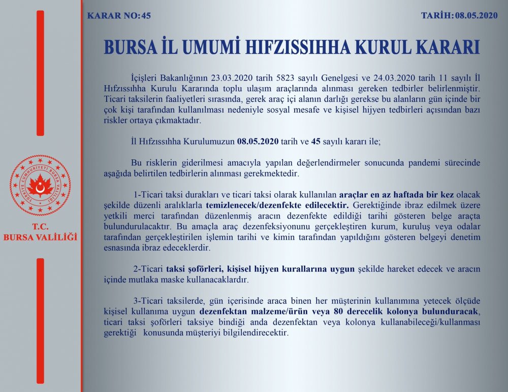 Bursa'da taksiciler için korona virüs kararları açıklandı