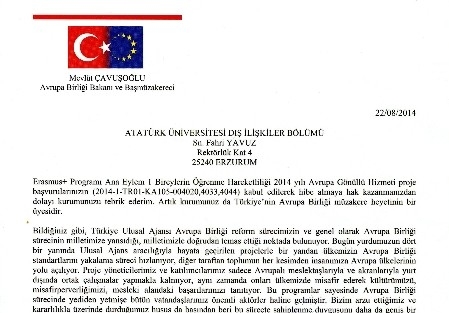 Avrupa Birliği Bakanlığı’ndan A.ü. Dış İlişkiler Ofisine Tebrik Mektubu