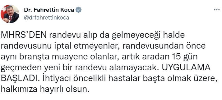 MHRS'DEN randevu alıp gelmeyenlere 15 gün yeni randevu yok