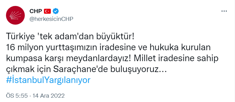 CHP'den Saraçhane çağrısı: Türkiye 'tek adam'dan büyüktür, meydanlardayız!