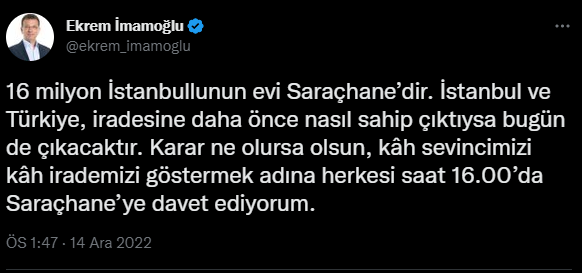 Ekrem İmamoğlu, halkı Saraçhane’ye çağırdı