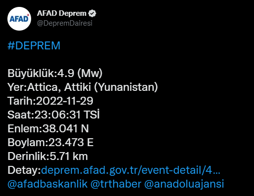 Ege Denizi'nde 4.9 büyüklüğünde deprem