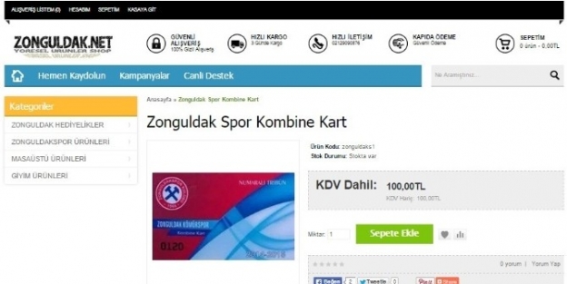 Zonguldakspor Kombineleri İnternetten Satılıyor