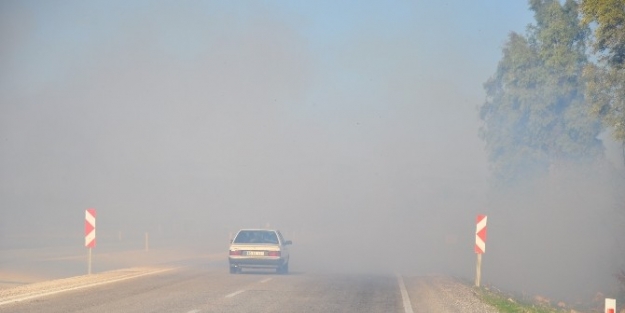 Anız Yangını Trafiği Tehlikeye Sokuyor